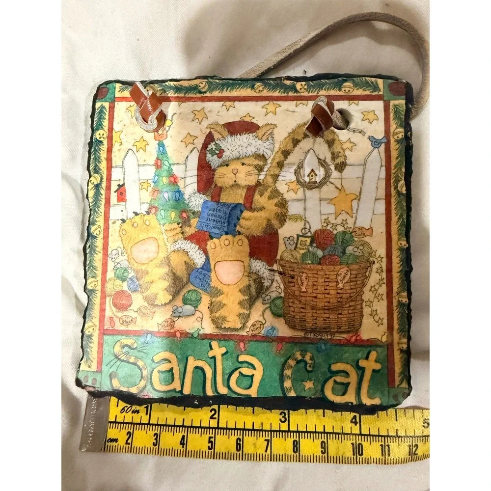 Teresa Kogut Santa Cat Christmas Slate Wall Hanging Evergreen Folk Art Decor 5in